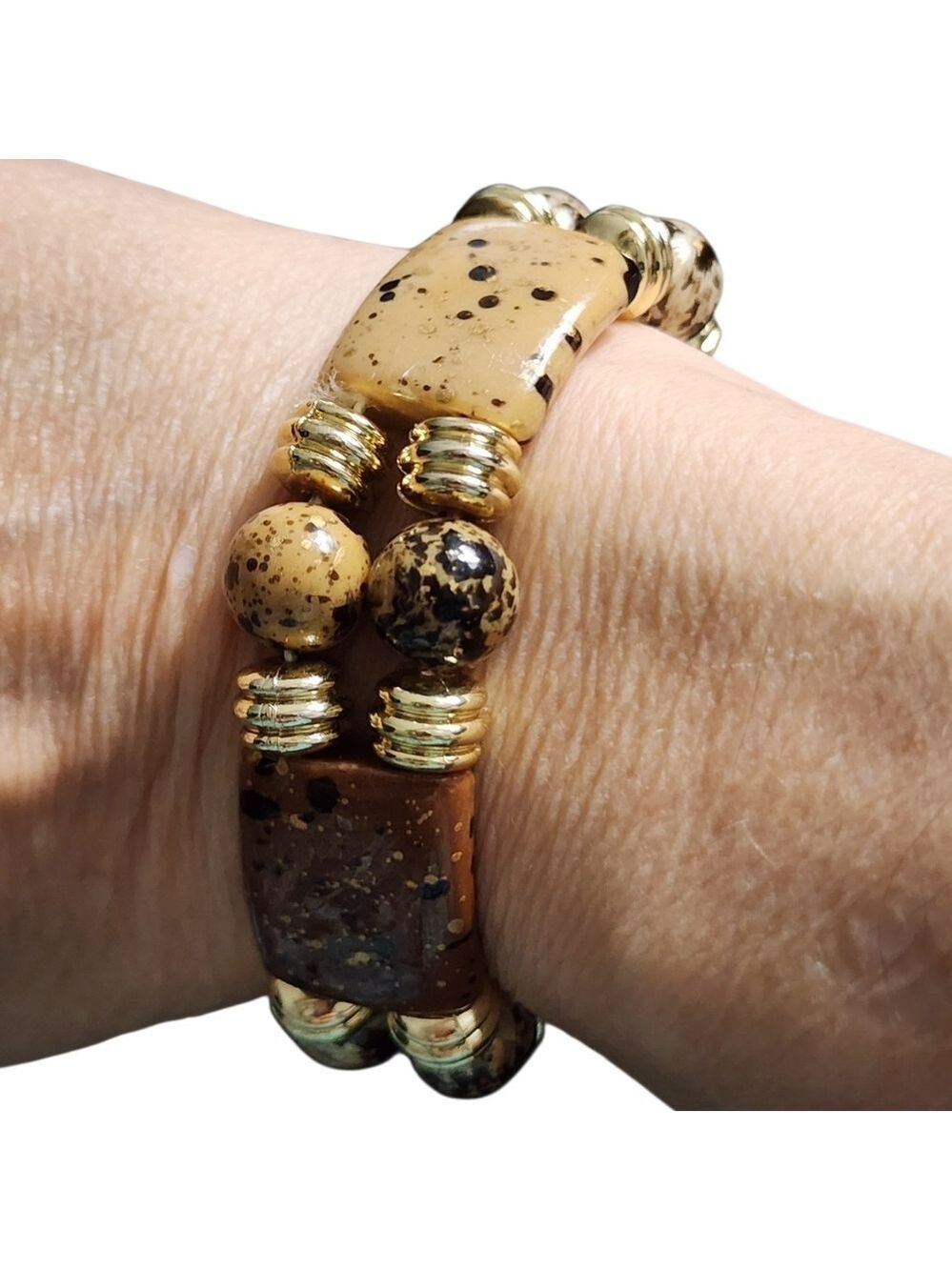 Gold Tone Brown Beaded Stretch Bracelet